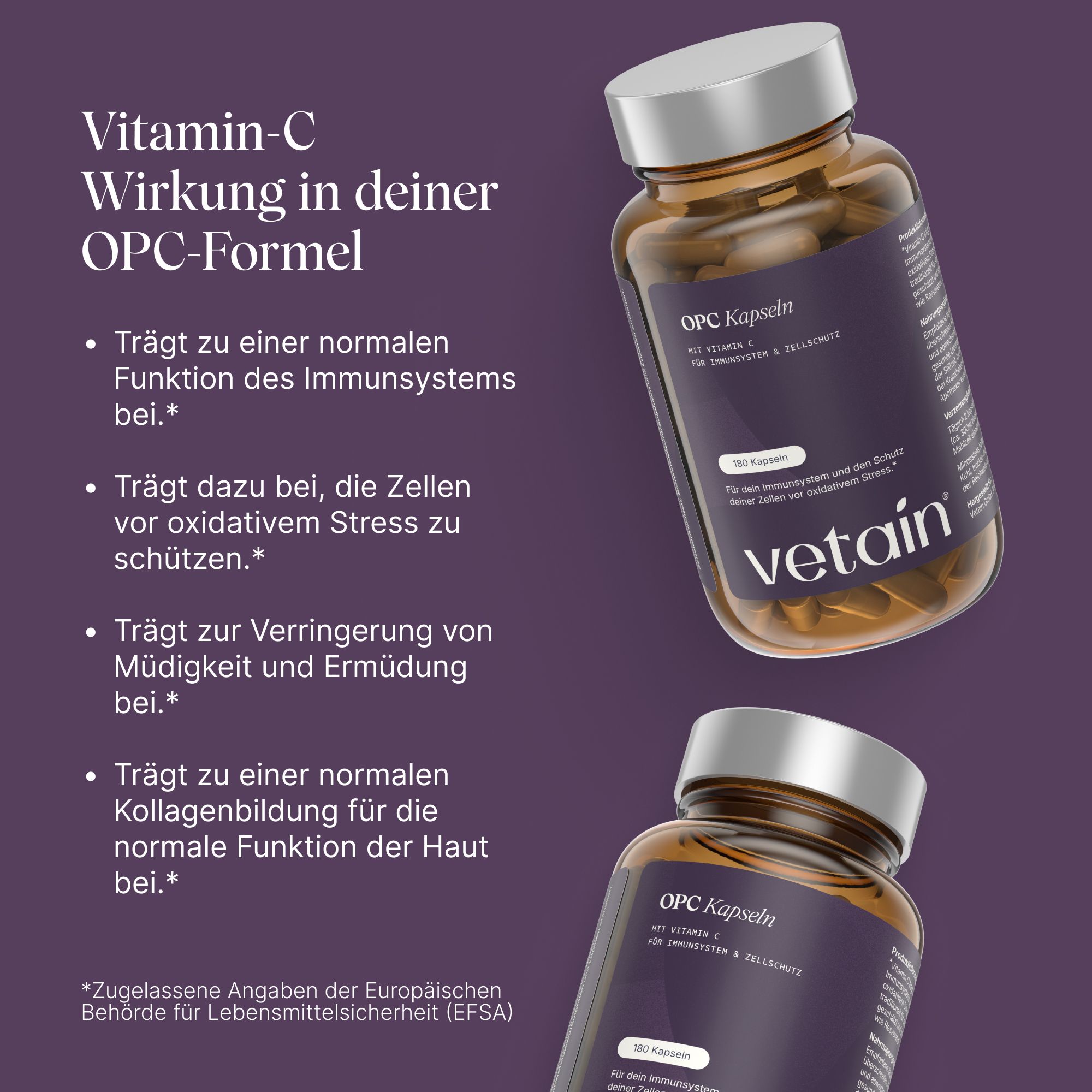 Flasche Vetain OPC Kapseln mit Informationen zu Dosierung, Inhaltsstoffen und Lagerung.