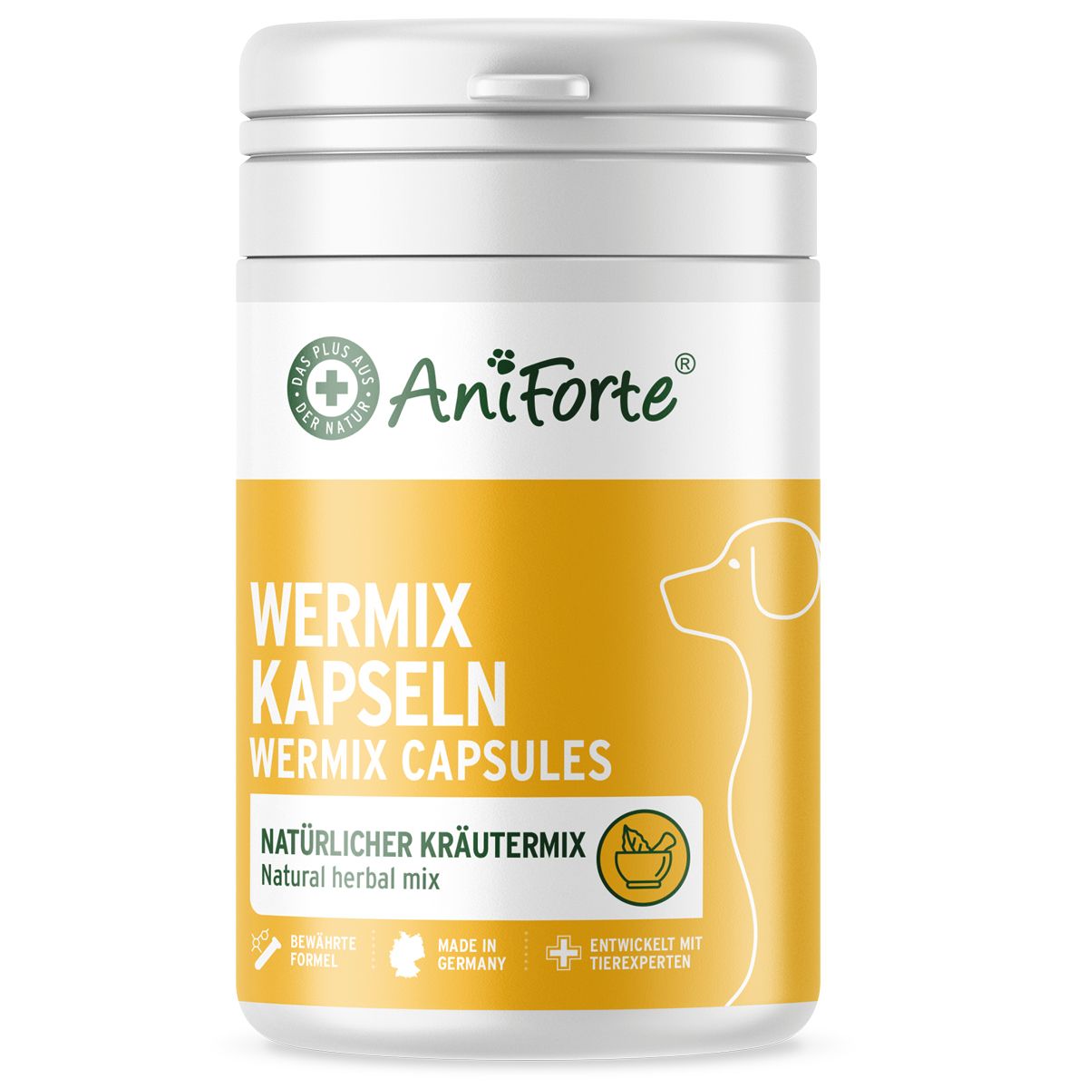 Weiße Dose mit gelbem Etikett. Aufschrift: AniForte WermiX Kapseln. Logo: Hund. Mit Kräutermix.