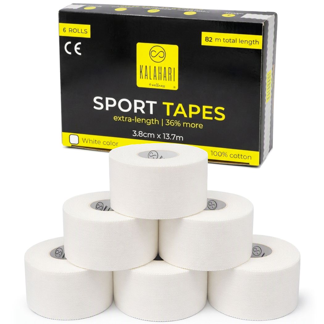 Sechs Rollen weißes Sporttape aus 100% Baumwolle, 3.8cm x 13.7m, in einer Packung.
