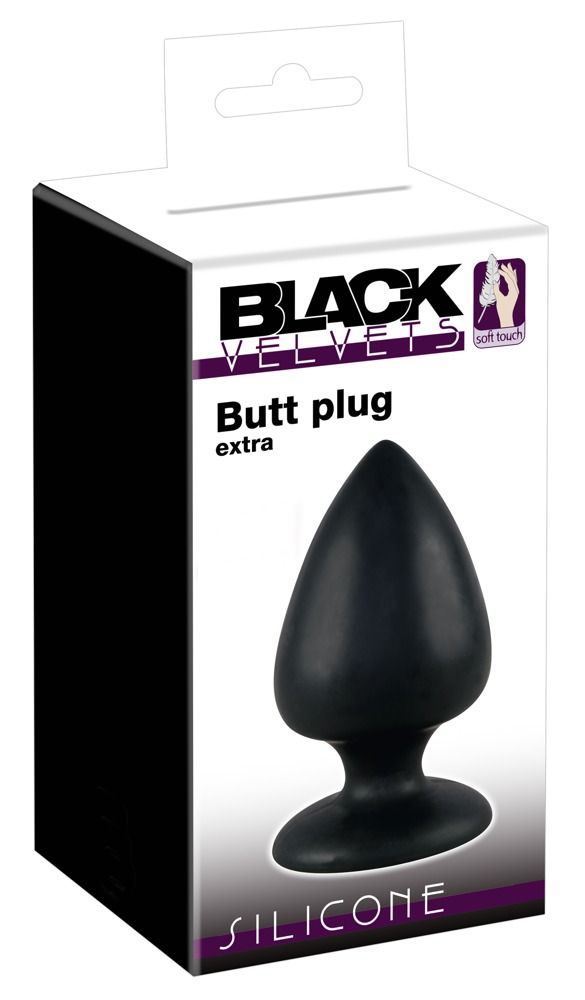 Schwarzer Analplug XL, in Verpackung. Aufschrift: BLACK VELVETS, Butt plug extra, SILICONE.