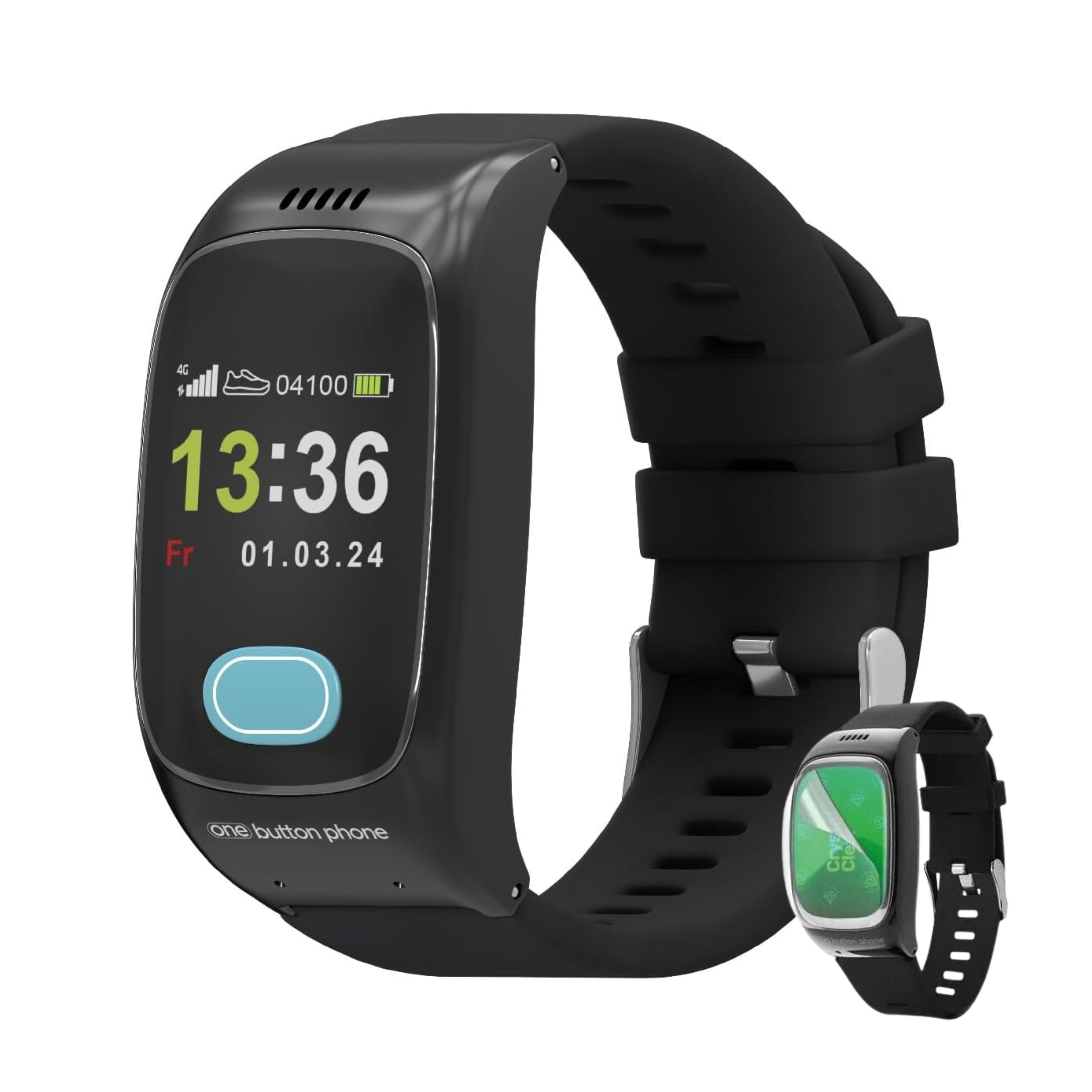 Schwarze Smartwatch mit digitaler Anzeige. Zeigt Uhrzeit, Datum und Akku-Informationen. Ein kleineres Gerät mit Displayschutzfolie.