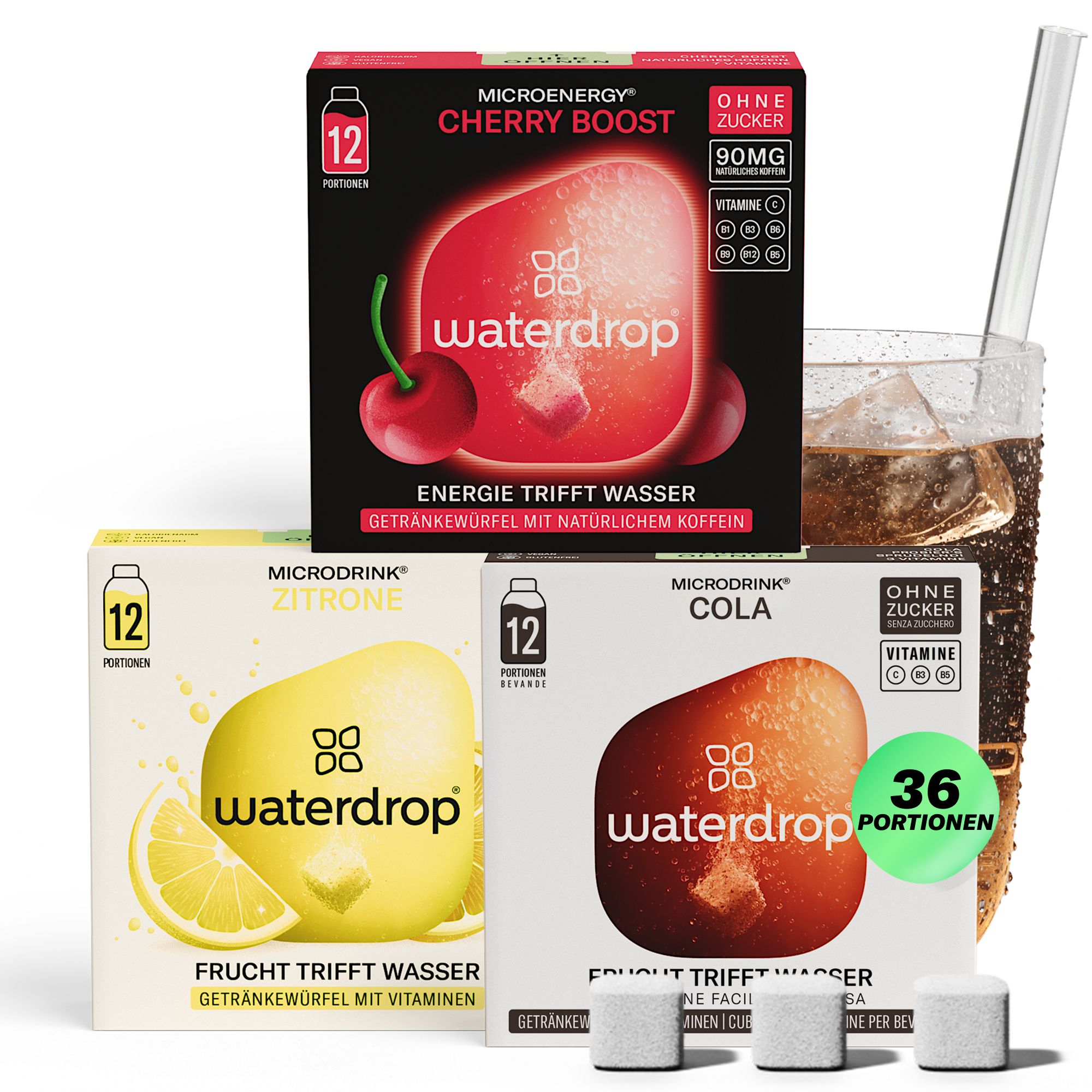 Drei waterdrop®-Boxen: Zitrone, Cola, Cherry. Daneben ein Glas mit Getränk und Würfeln. Aufschrift: 36 Portionen, ohne Zucker.
