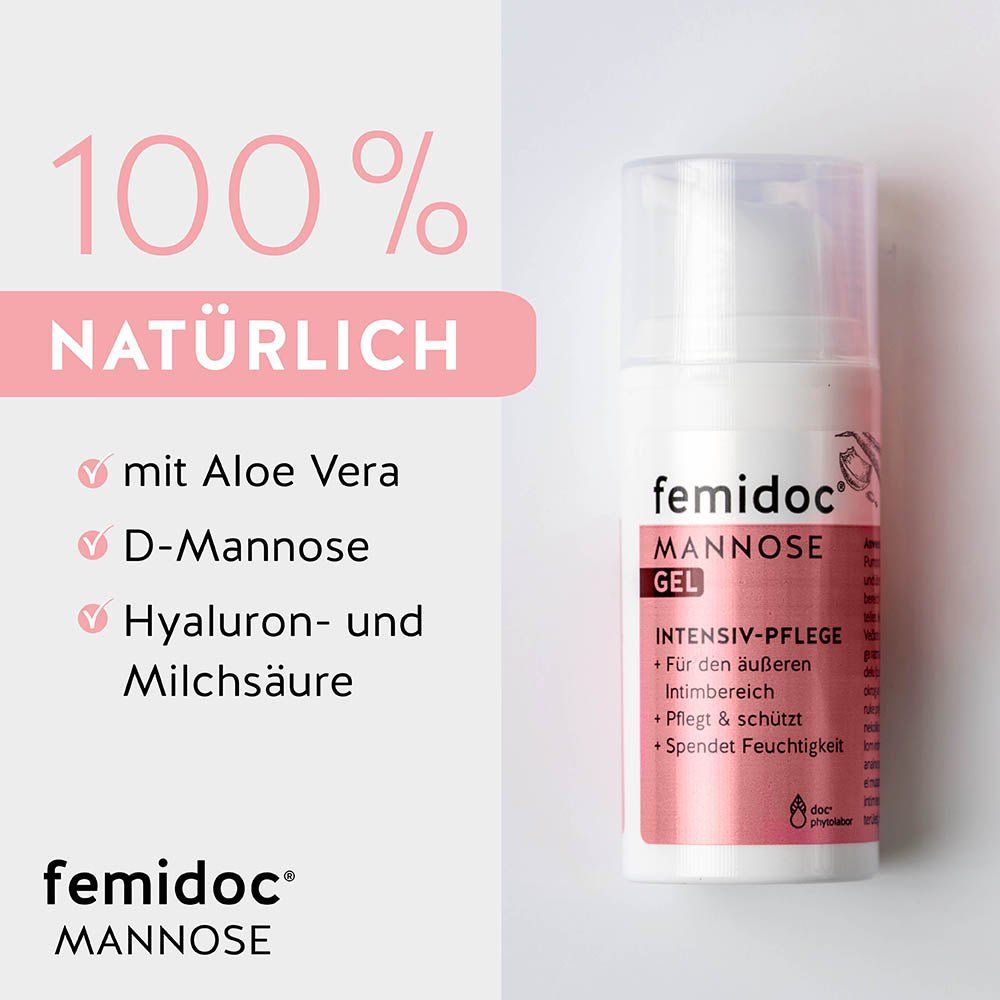 Flasche femidoc® Mannose Gel. Text: 100% natürlich, mit Aloe Vera, D-Mannose, Hyaluron- und Milchsäure.