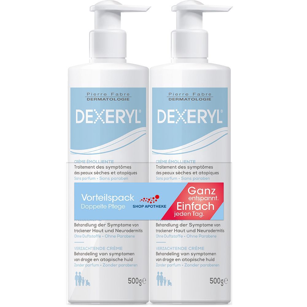 Zwei Flaschen DEXERYL® Pflegecreme mit Spender. Aufschrift: Doppelte Pflege, 500g. Behandelt Symptome trockener Haut und Neurodermitis.