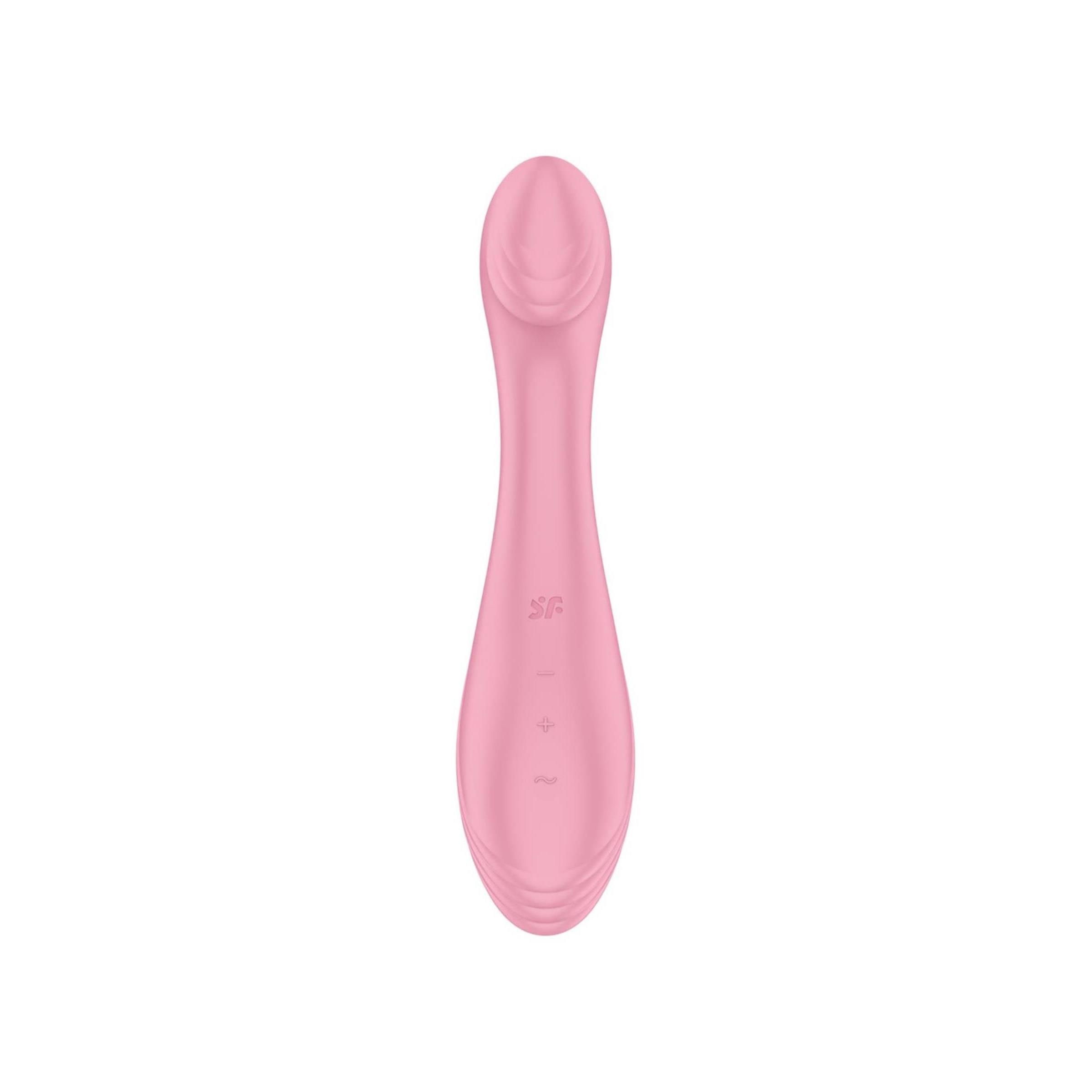 Rosa Vibrator, längliche Form mit abgerundeten Enden. Drei Knöpfe und SF-Logo.