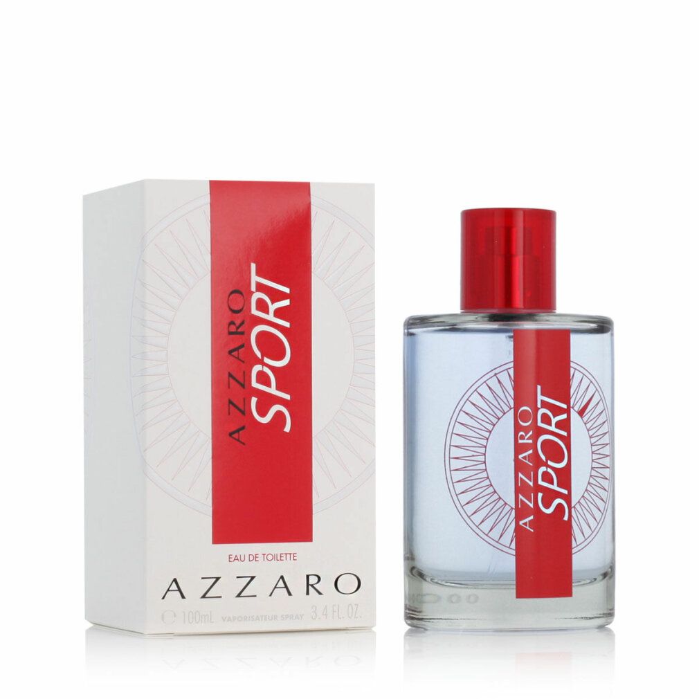 Glasflakon mit rotem Verschluss und roter Banderole mit "AZZARO SPORT"-Schriftzug. Daneben eine weiße Schachtel mit roter Banderole und Logo.