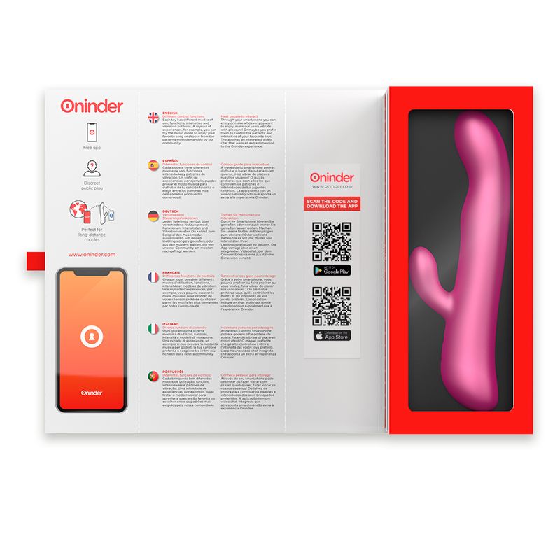 Verpackung mit Vibrator. Produktname: Oninder. Mehrsprachige Bedienungsanleitung. Vibrator in roter Box.