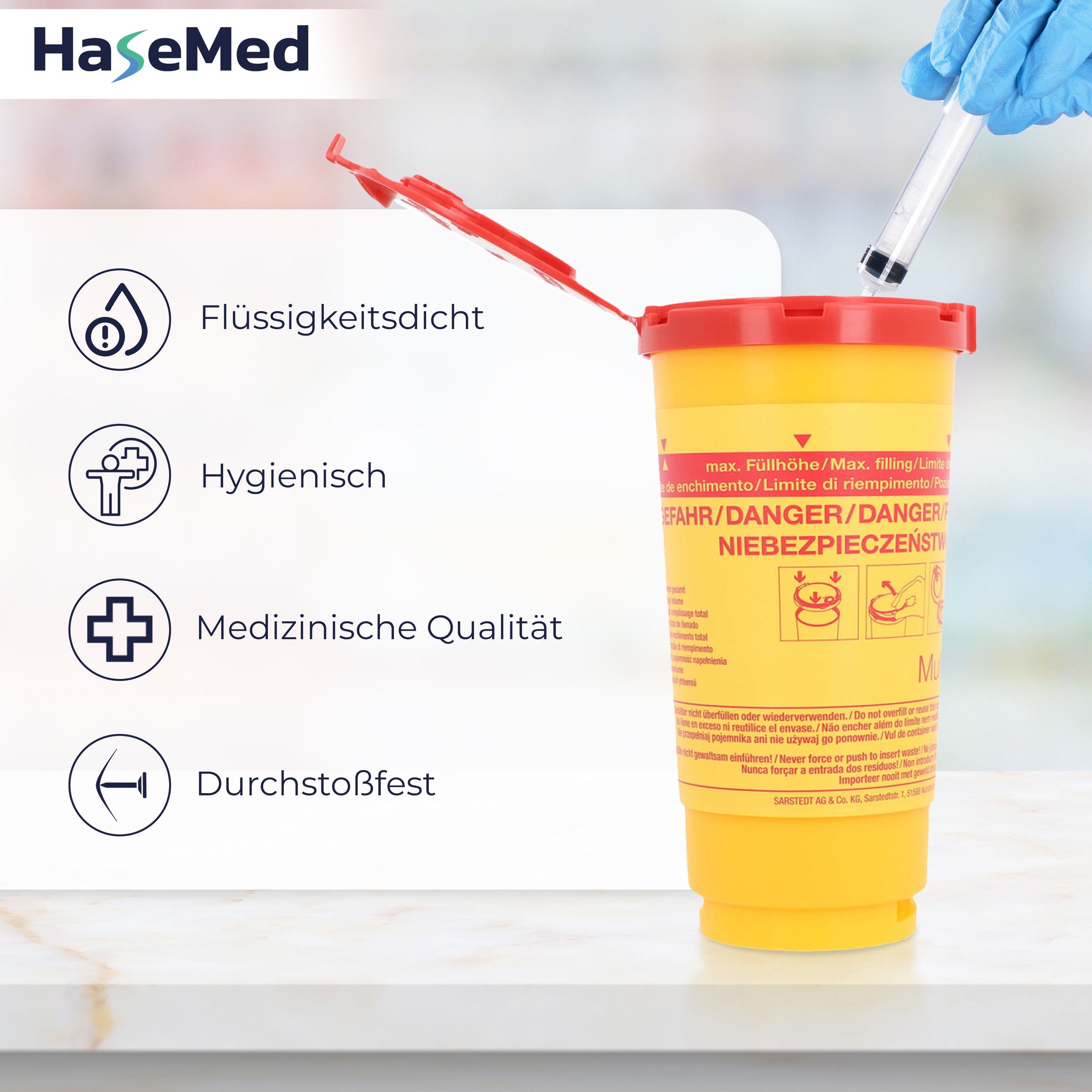 Gelber Kanülensammler mit rotem Deckel. Aufschrift: Gefahr. Medizinische Qualität. Marke HaseMed.