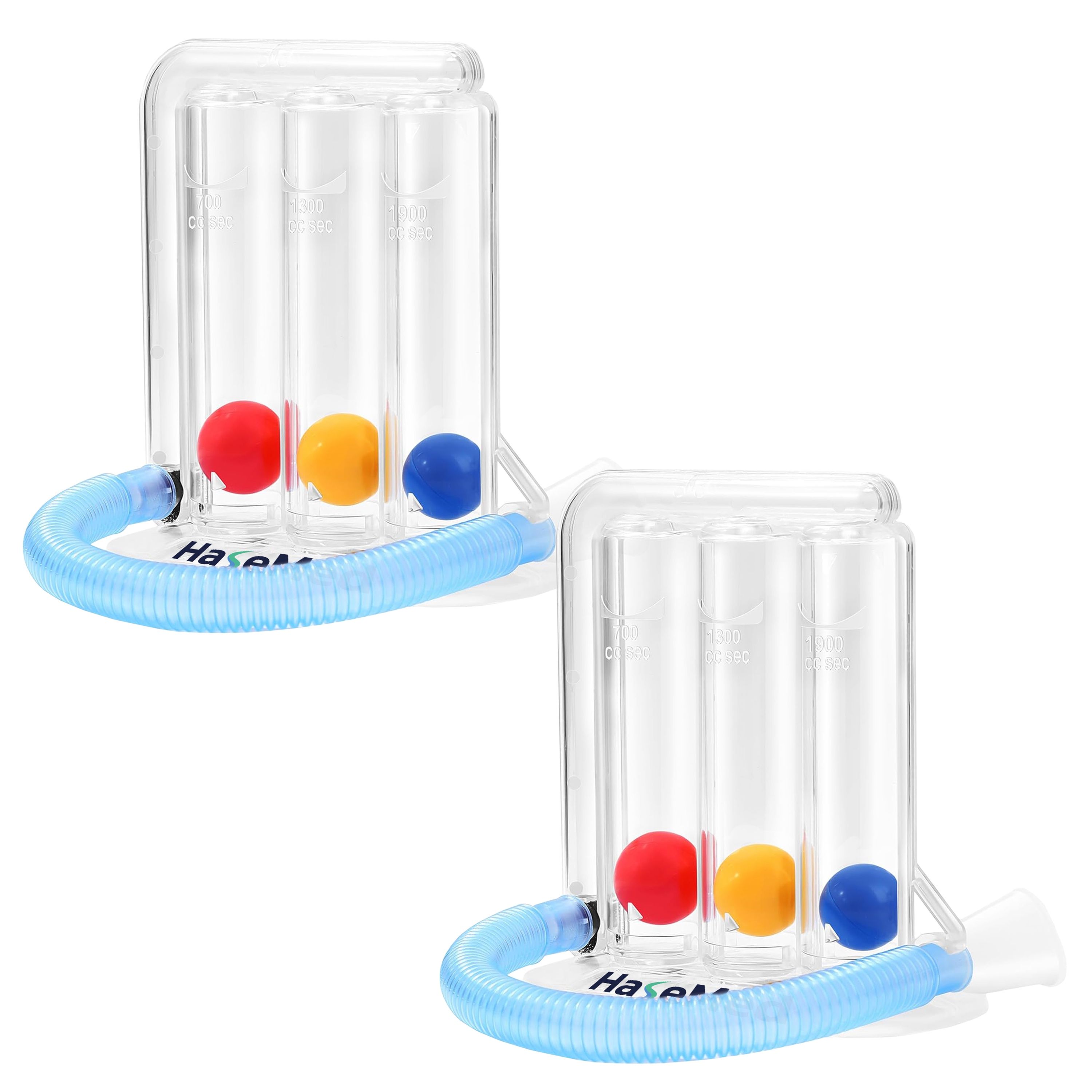 Atemtrainer mit drei Kammern und farbigen Kugeln. Blaue Schlauchverbindung. HaseMed-Logo.