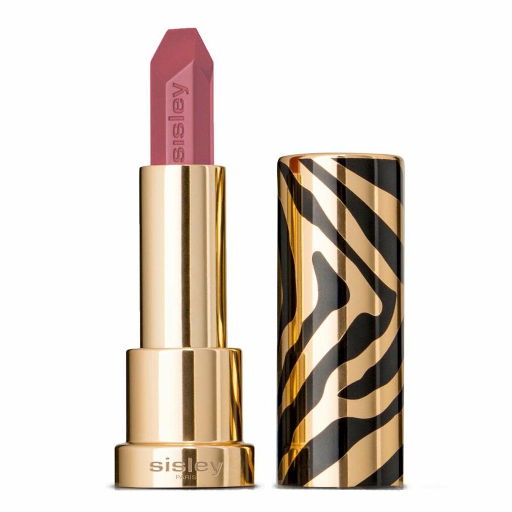 Goldfarbener Lippenstift mit geöffneter Hülse. Der Lippenstift ist rosa und trägt den Schriftzug "Sisley". Die Hülse hat ein Zebra-Muster.