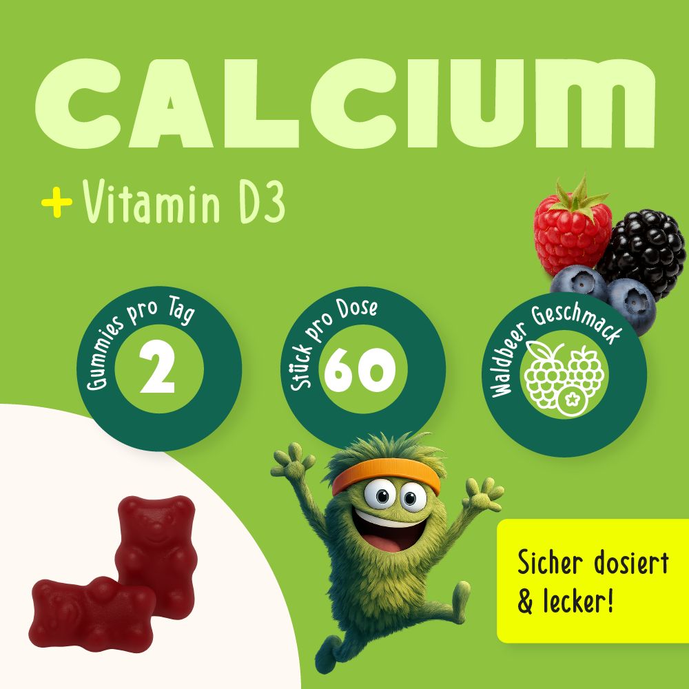 Grafik mit Text und Illustrationen. Text: Calcium + Vitamin D3. 2 Gummies pro Tag, 60 Stück pro Dose, Waldbeer Geschmack. Gummibärchen.