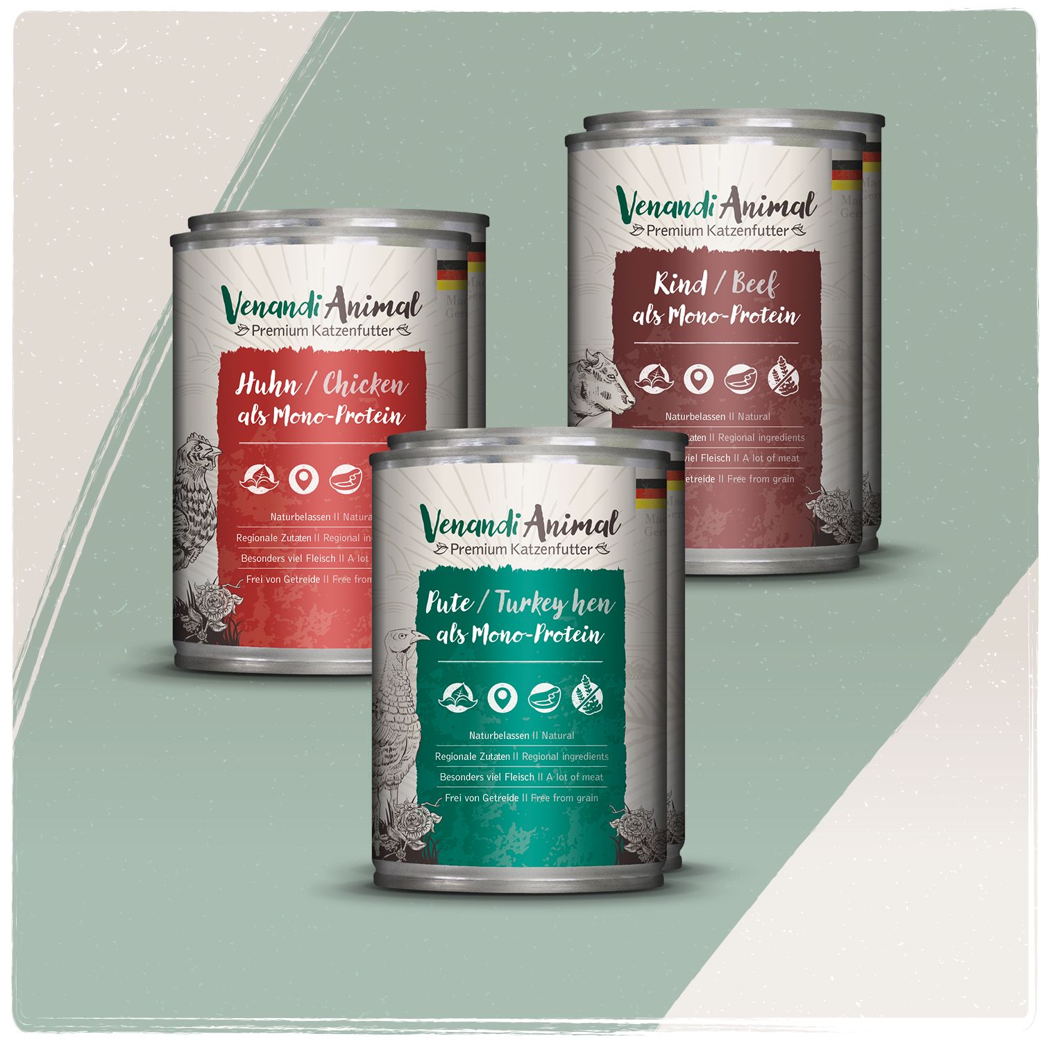 Drei Dosen Venandi Animal Premium Katzennahrung: Huhn, Ente und Rind.