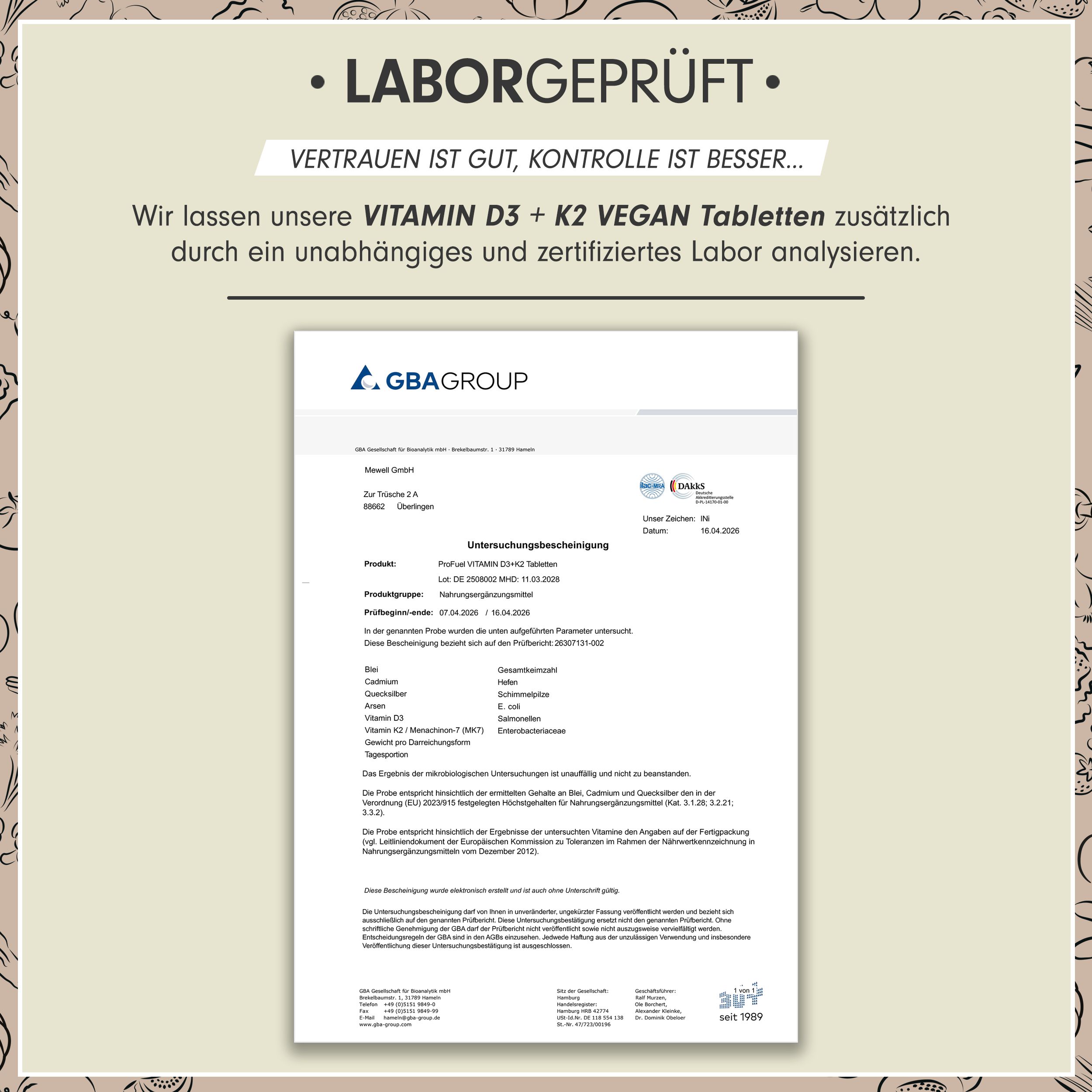 Laborbericht von GBA Group. Analyse von Vitamin D3+K2 Vegan Tabletten. Zertifizierungsdetails.