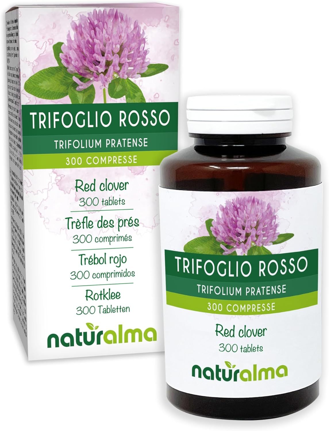 Produktverpackung und Flasche mit Tabletten. Text: Trifolium pratense, 300 Tabletten. Logo Naturalma.