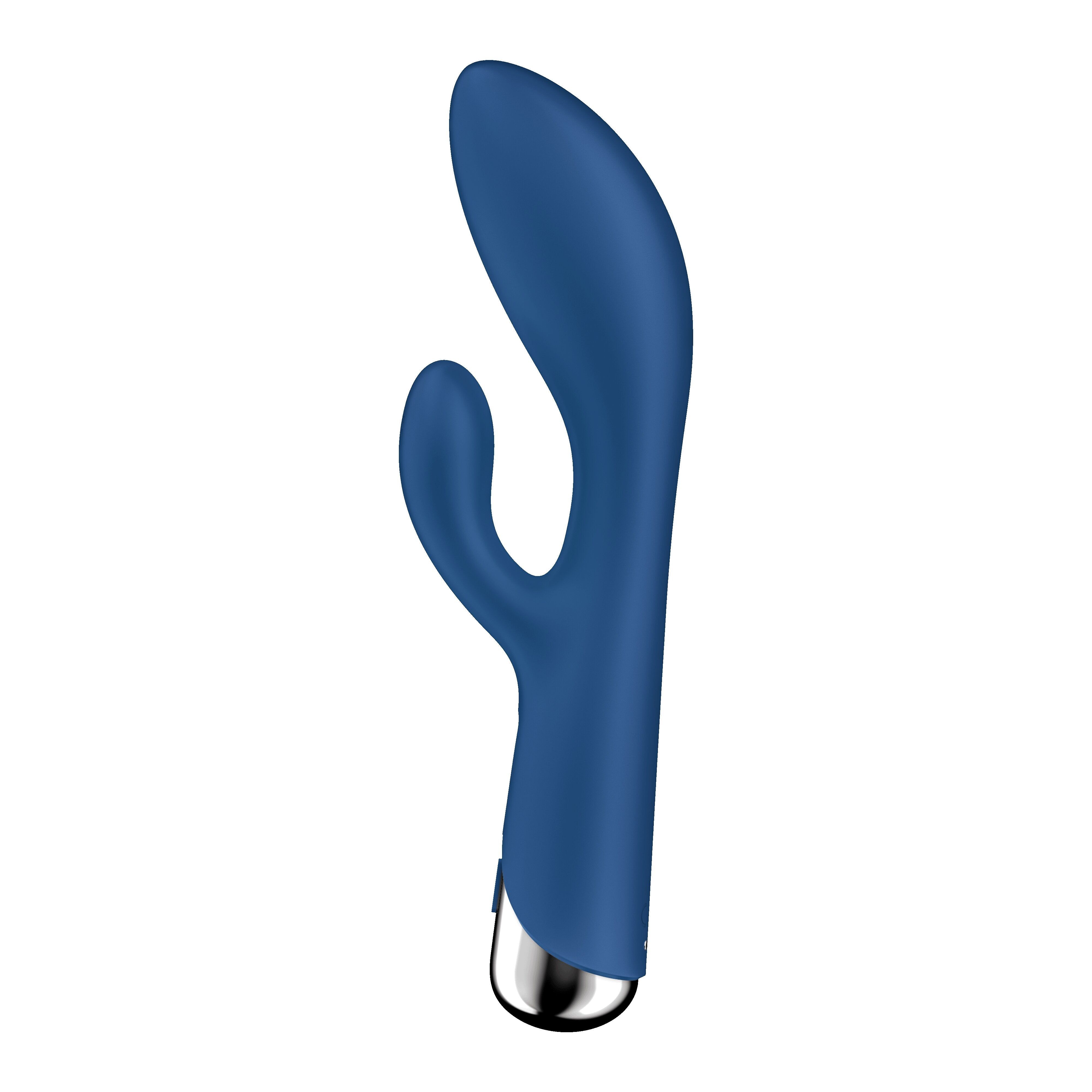 Blauer Vibrator. Silberfarbener Sockel. Form mit gebogenem Element.