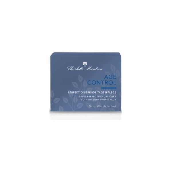 Blaue Schachtel mit Aufschrift: AGE CONTROL, Perfektionierende Tagespflege. Marke: Charlotte Meentzen. Für straffe, glatte Haut.
