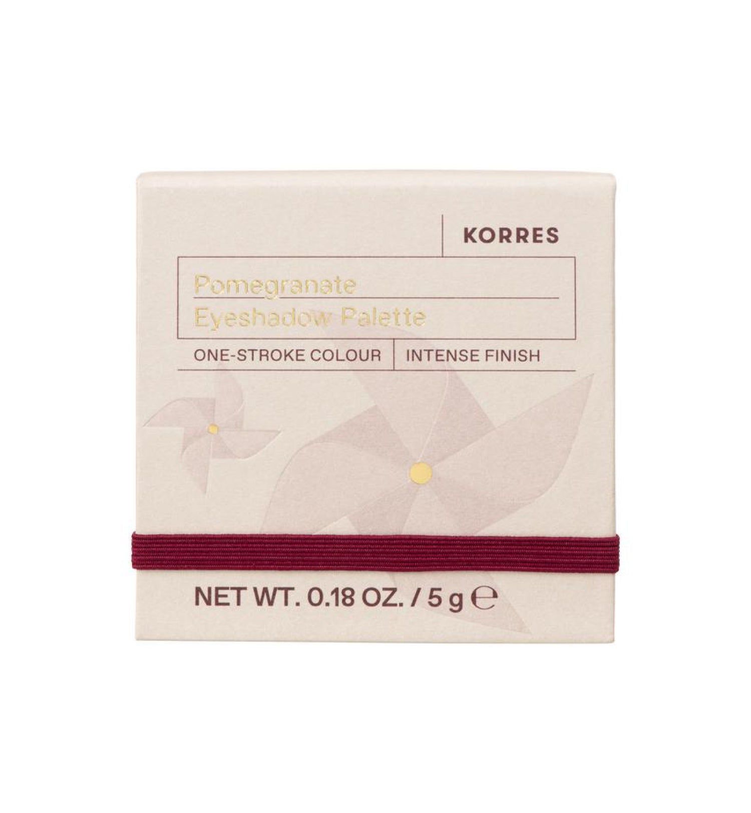 KORRES Eyeshadow Palette Pomegranate. Quadratische Verpackung mit Gummiband. Text: Pomegranate Eyeshadow Palette, NET WT. 0.18 OZ. / 5 g e.