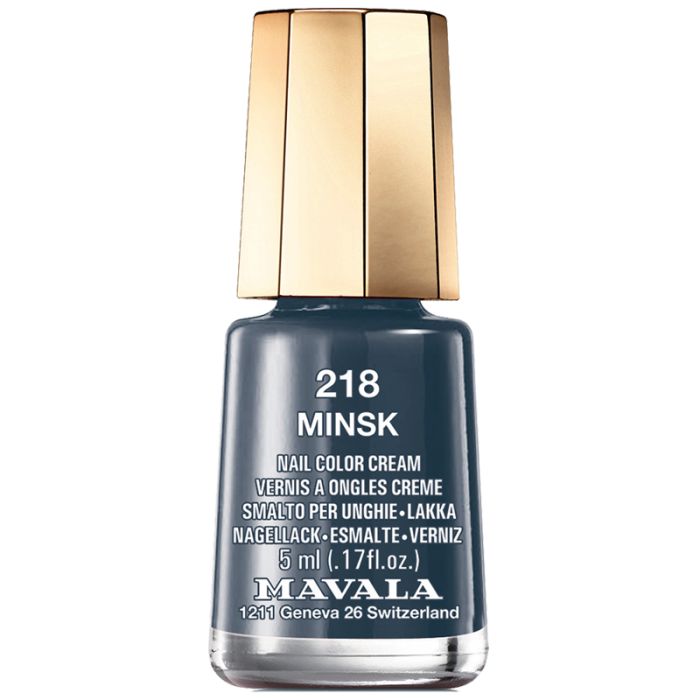 Nagellackflasche, dunkelblau. Goldfarbener Deckel. Aufschrift: 218 MINSK, Nail Color Cream, 5 ml. Marke: MAVALA.