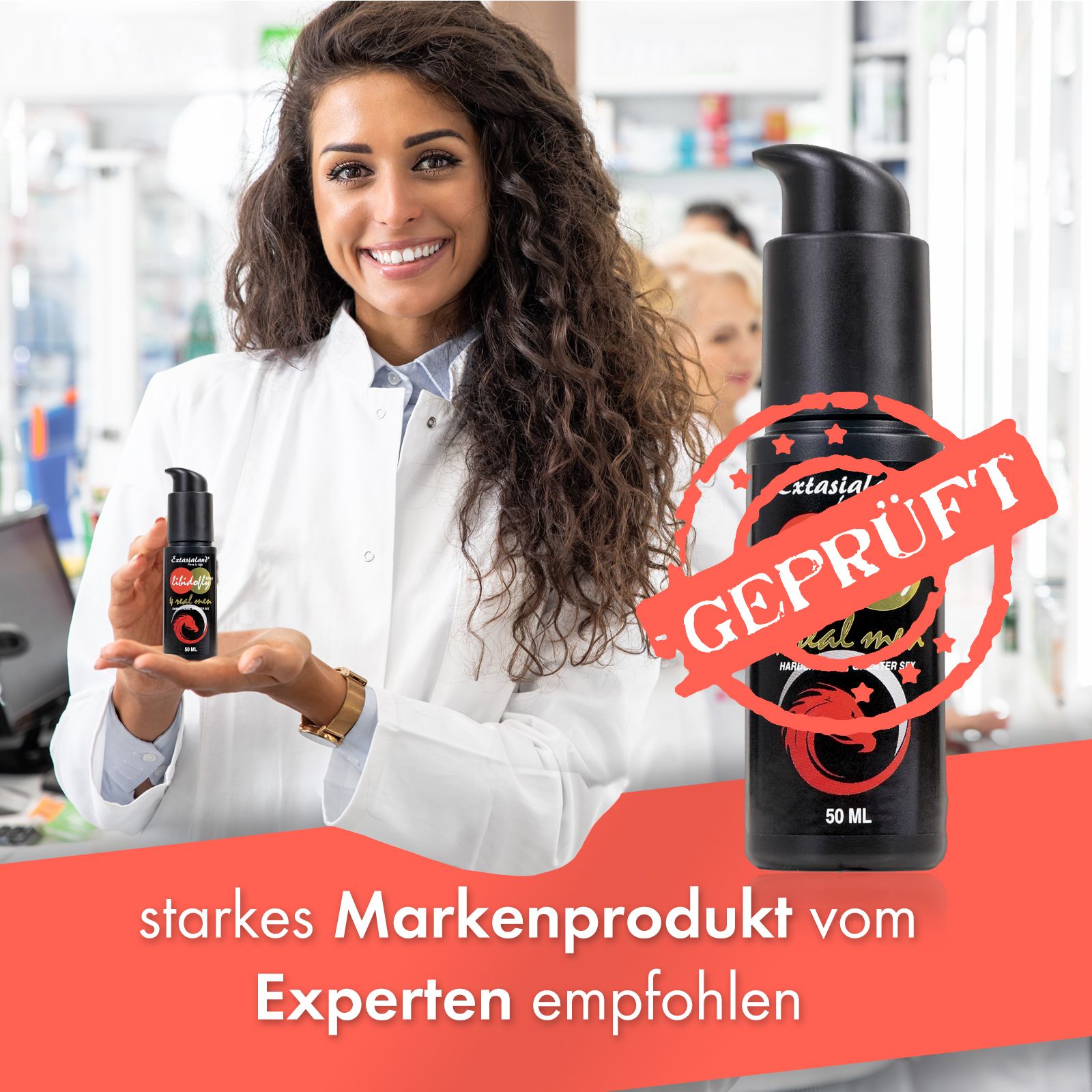 Frau mit weißem Kittel hält Produktflasche. Roter Stempel: Geprüft. Text: Starkes Markenprodukt vom Experten empfohlen.