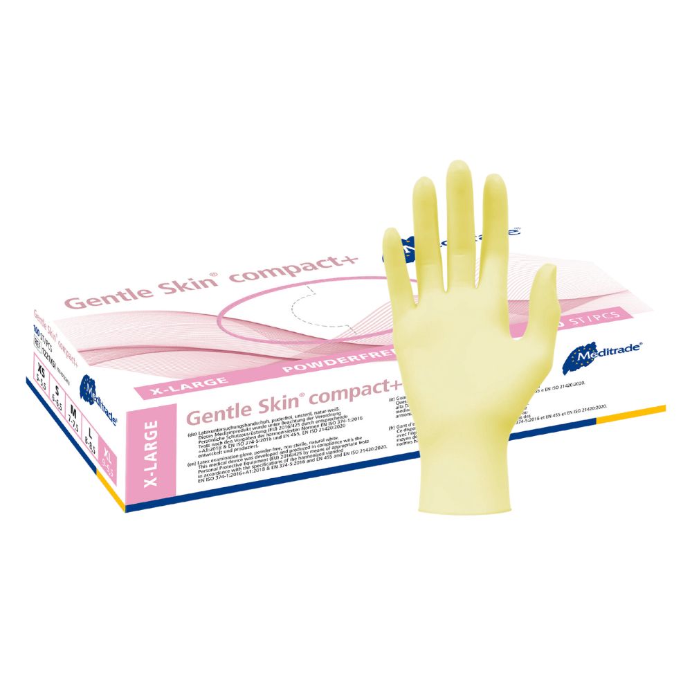 Gelbe Einmalhandschuhe Gentle Skin compact+ XL neben Verpackung. Marke Meditrade. Pulverfrei.