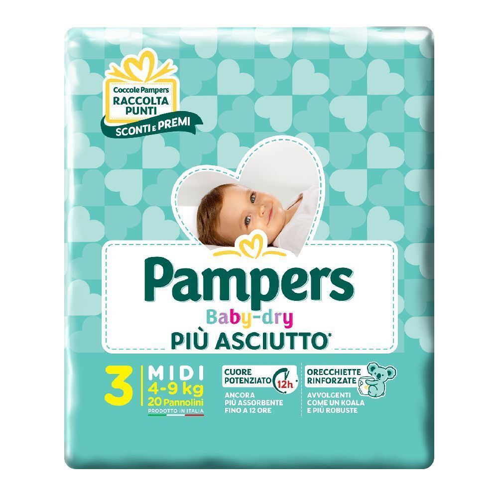 Confezione di pannolini Pampers Baby-Dry Midi, 20 pezzi. Stampa con bambino e cuori. Nome del prodotto e indicazione taglia.