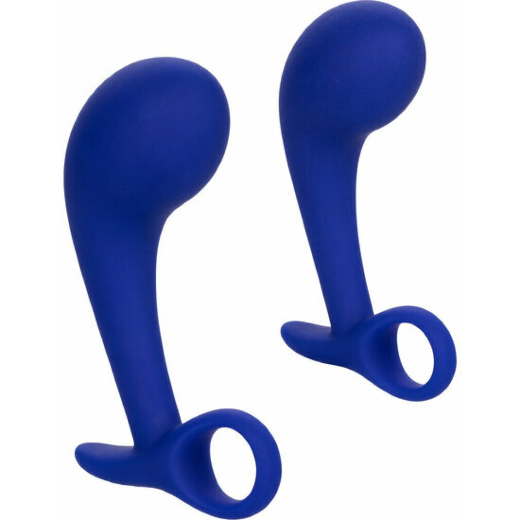 Zwei blaue Anal-Trainingshilfen mit Ring. Aus Silikon.