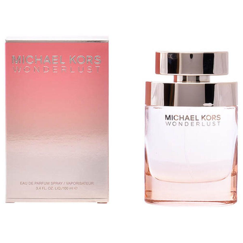 Michael Kors Wonderlust Edp Spray. Flakon mit goldfarbenem Verschluss, rosa Farbverlauf. Karton mit rosa Farbverlauf und Schriftzug.