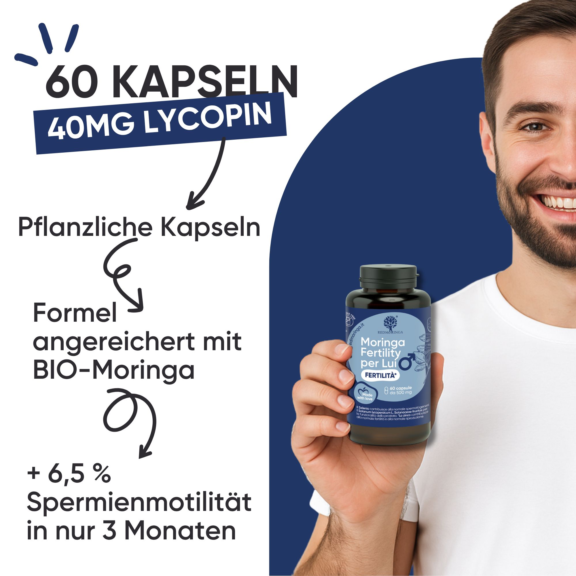 Mann hält Flasche mit Kapseln. Text: "60 Kapseln, 40mg Lycopin", "Pflanzliche Kapseln", "Formel angereichert mit BIO-Moringa".