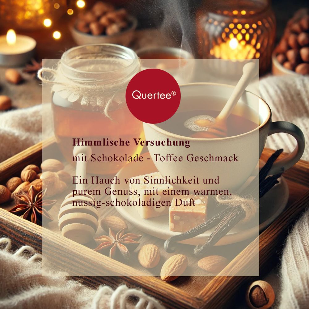 Quertee®-Logo auf rotem Kreis. Tasse Tee, Honigglas, Gewürze. Text: Himmlische Versuchung mit Schokolade-Toffee-Geschmack.