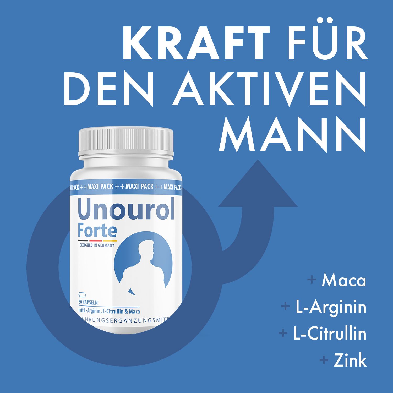 Blaue Grafik mit einer weißen Kapsel-Dose. Text: Kraft für den aktiven Mann. Inhaltsstoffe: Maca, L-Arginin, L-Citrullin, Zink.