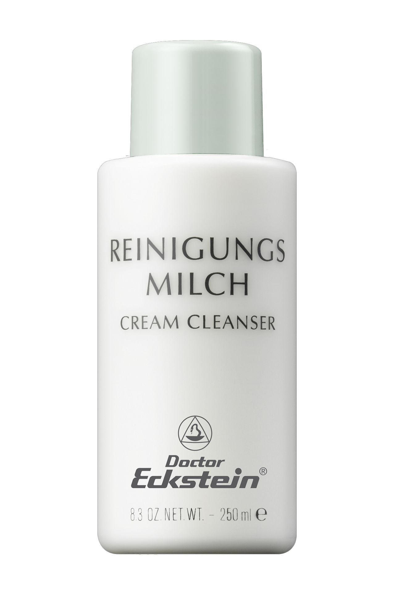 Weiße Flasche mit hellgrünem Deckel. Aufschrift: REINIGUNGSMILCH, CREAM CLEANSER. Logo und Schriftzug Doctor Eckstein.