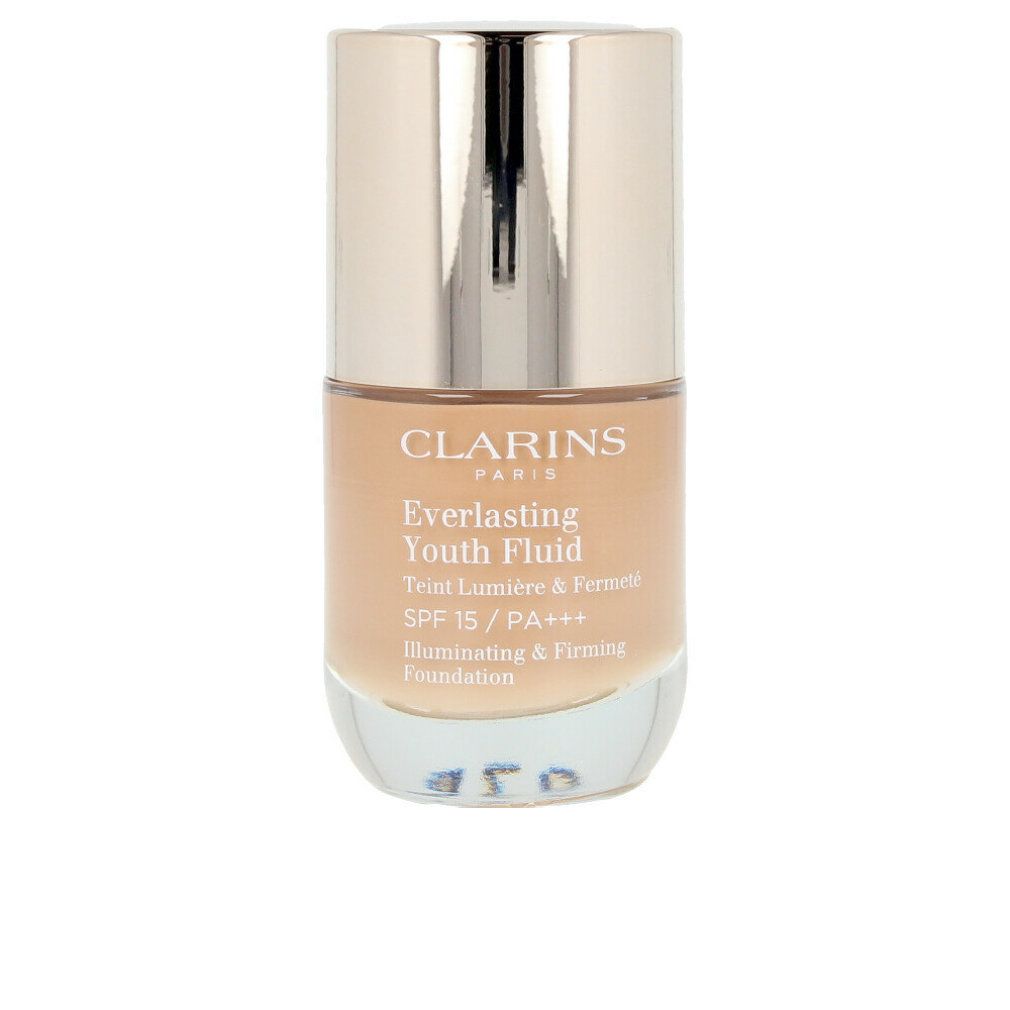 Flüssigkeit EVERLASTING YOUTH von Clarins. Beige Flasche mit silbernem Deckel. Text: Everlasting Youth Fluid, SPF 15/PA+++.