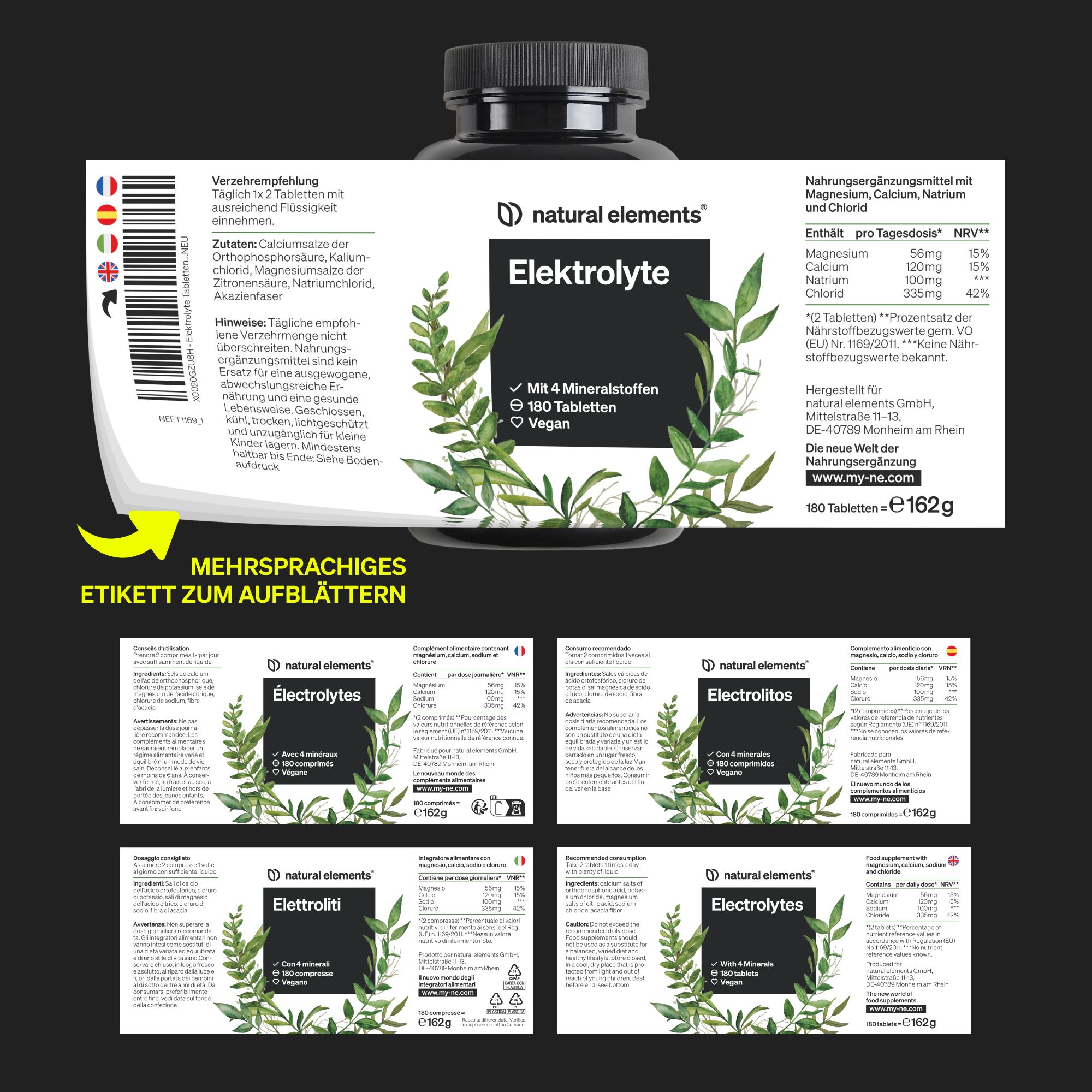 Produktetikett mit mehrsprachigen Informationen. Enthält Informationen zu Inhaltsstoffen und Anwendung. Mehrere Sprachen.