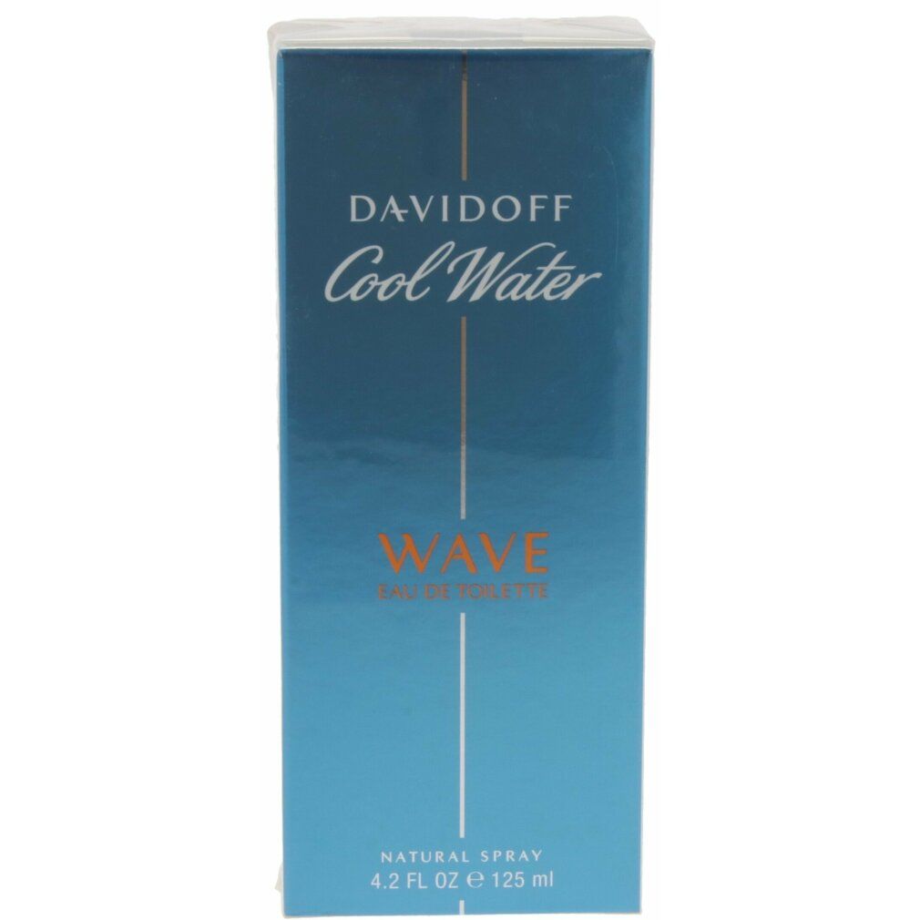 Davidoff Cool Water Wave EdT Verpackung. Blau, Schriftzug: Davidoff Cool Water, Wave Eau de Toilette, 4.2 FL OZ e 125 ml.