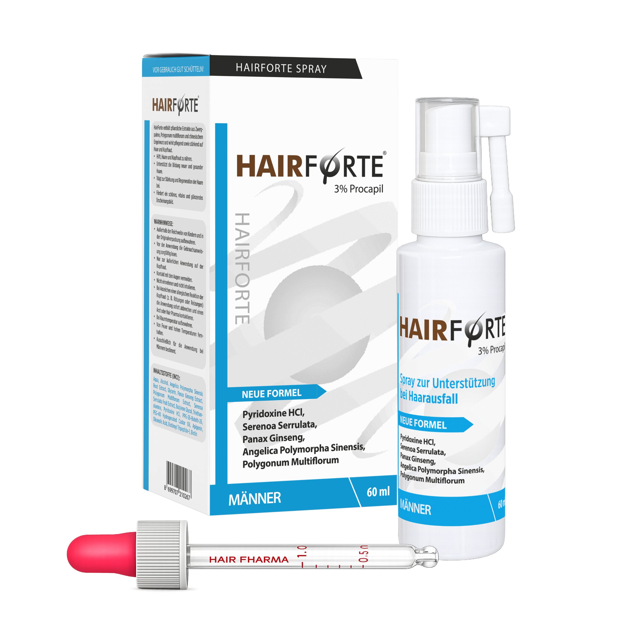 Hairforte Spray 3% Procapil Flasche und Karton mit Pipette.