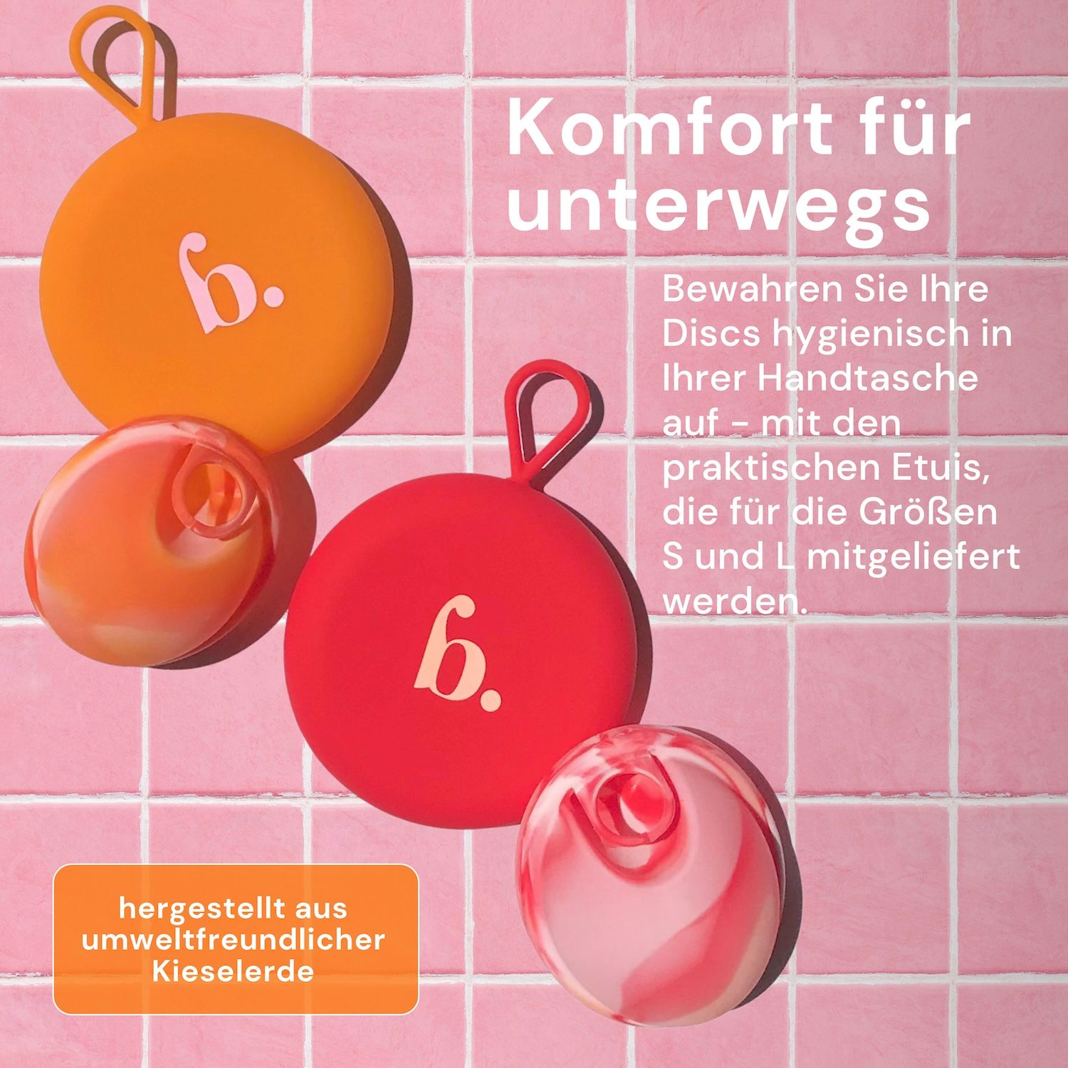Menstruationsscheiben in verschiedenen Farben und Formen. Rote und orangefarbene Scheiben, mit Etuis.