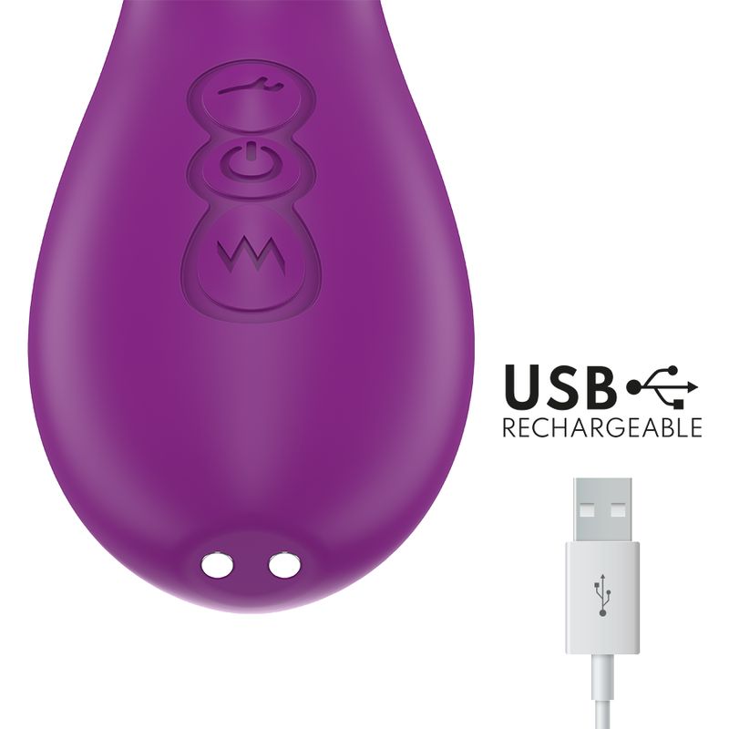 Lila Vibrator mit drei Knöpfen. USB-Ladeanschluss. Text: USB RECHARGEABLE.