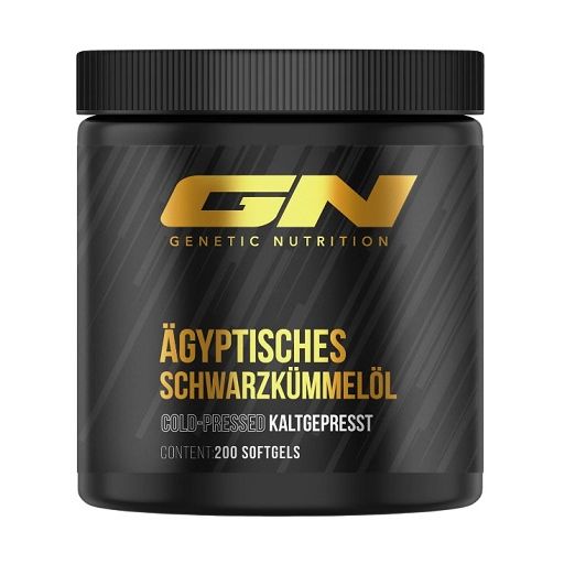Schwarze Dose mit goldfarbenem "GN" Logo und "Ägyptisches Schwarzkümmelöl" Schriftzug. Enthält 200 Softgels.