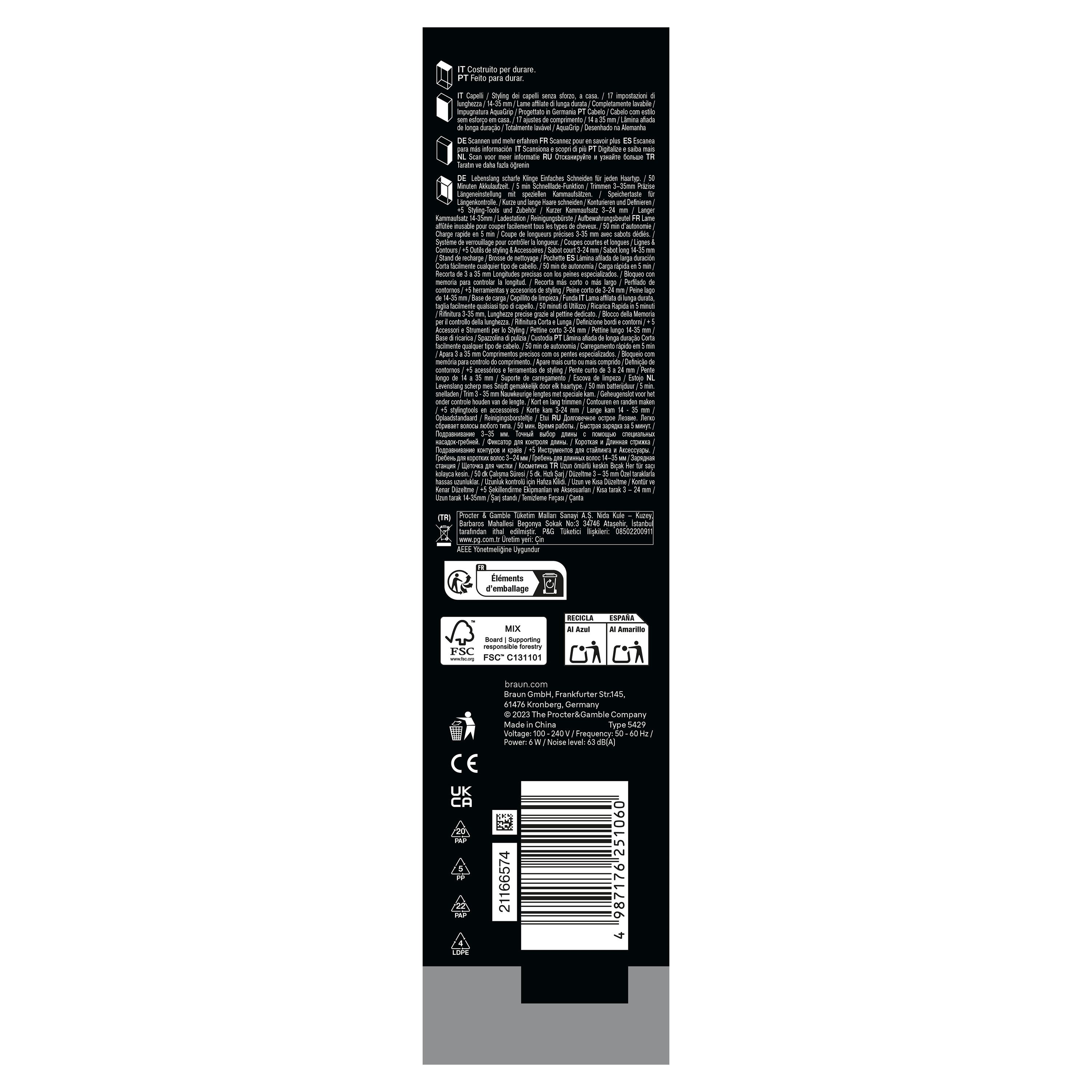 Rückseite der Produktverpackung. Enthält Informationen, Logos und Zertifizierungen. CE-Kennzeichnung.