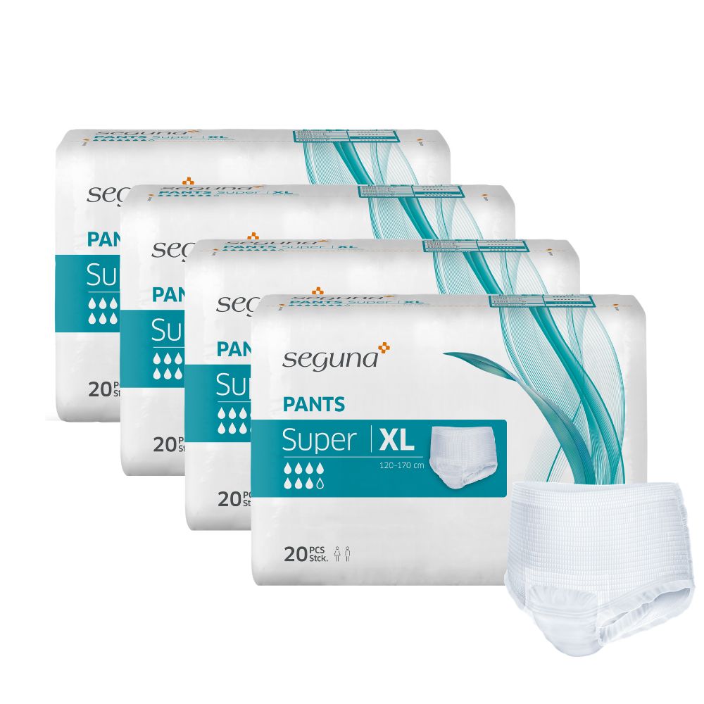 Vier Packungen Seguna Pants Super XL. Eine einzelne weiße Pants liegt daneben. Aufdrucke: Seguna, Pants, Super XL, 20 Stück.