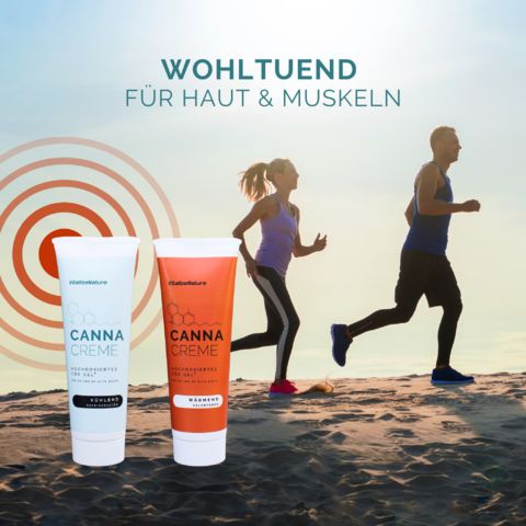 Paar joggt. Zwei Tuben. Text: Wohlfühlend für Haut & Muskeln.