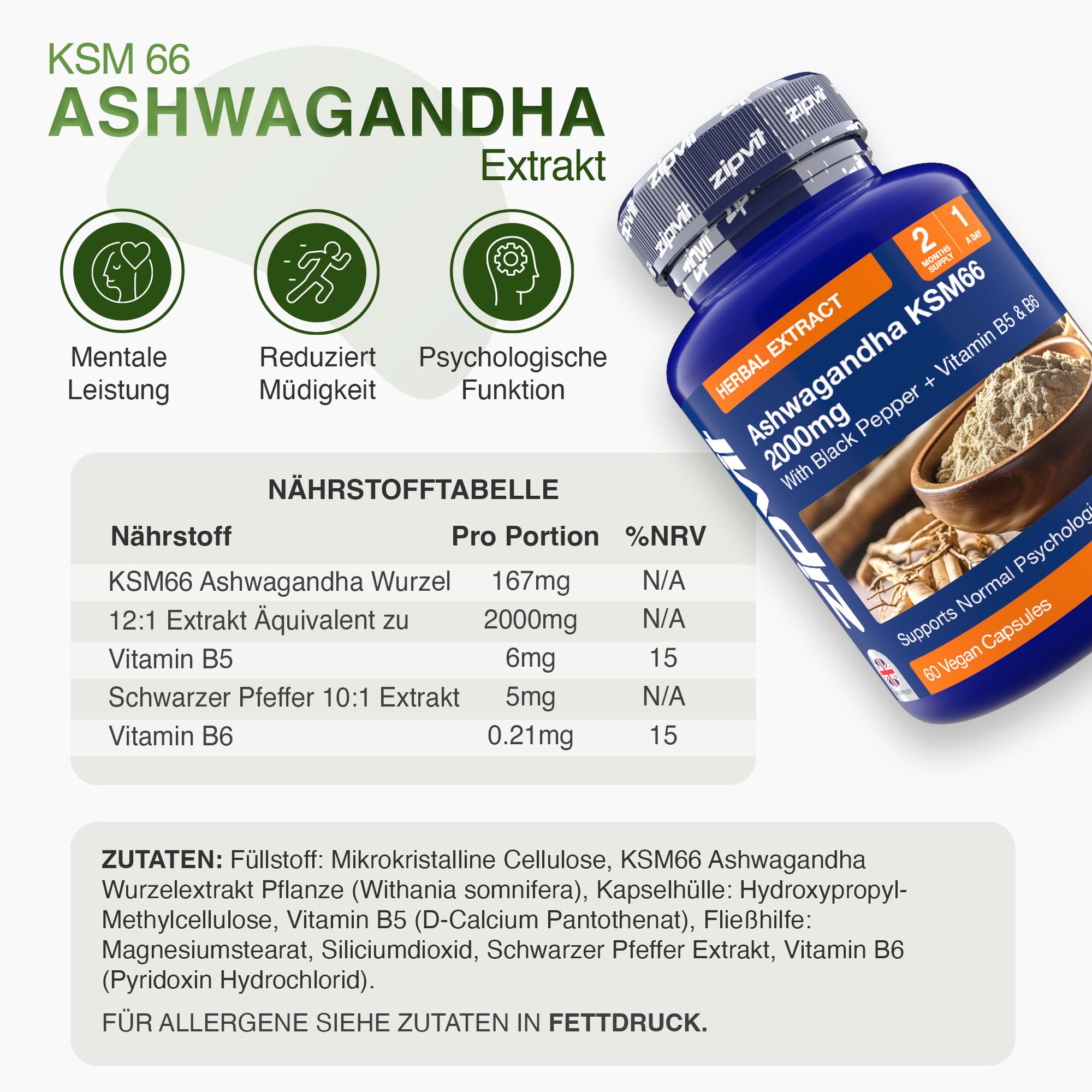 Blaue Flasche mit Kapseln. Aufschrift: Ashwagandha KSM-66 2000mg mit Vitamin B5 & B6. Nährwerttabelle und Zutatenliste.