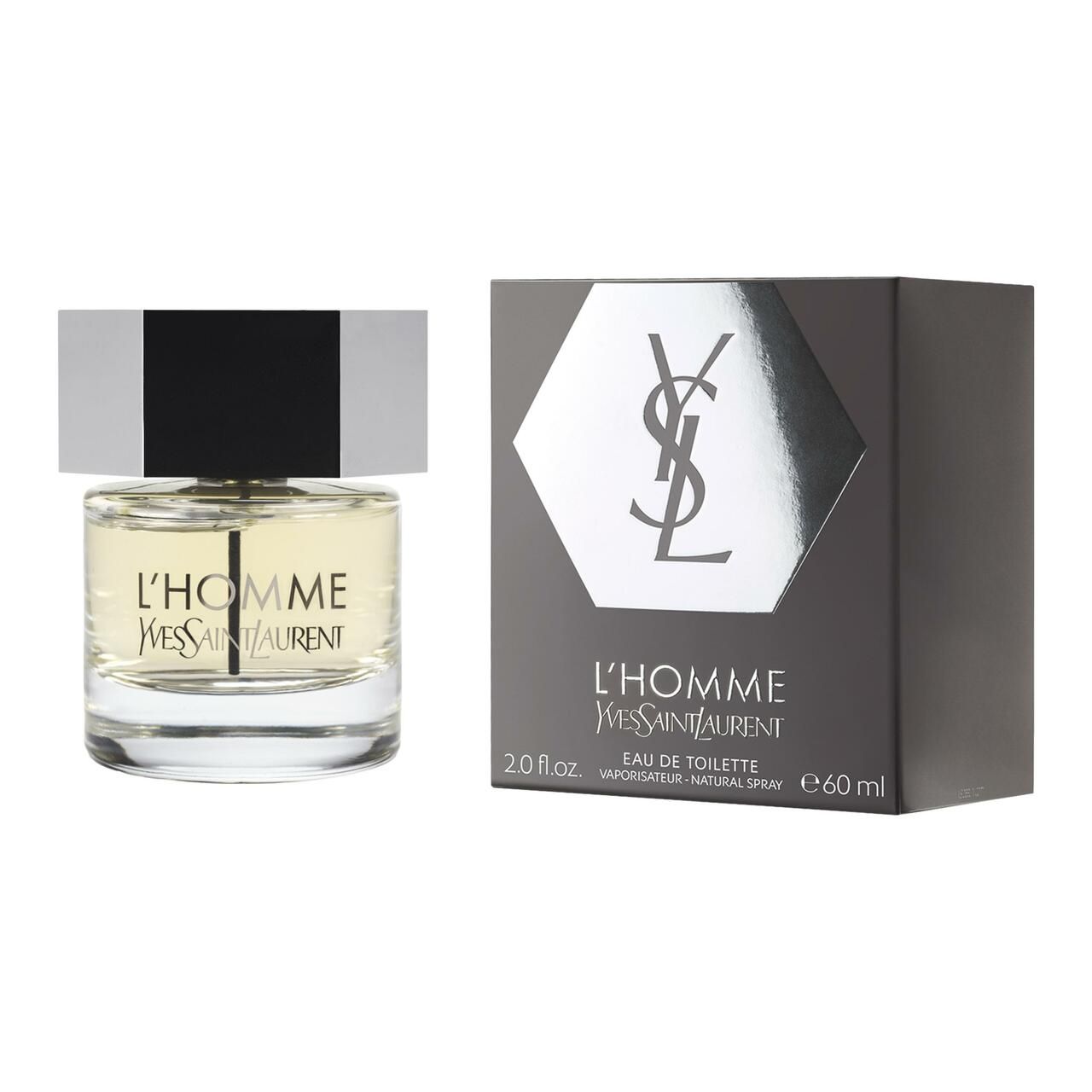 L'Homme EdT Vapo und Verpackung. Glasflakon mit silbernem Deckel und schwarzem Mittelteil. Schwarze Verpackung mit Logo und Produktnamen.