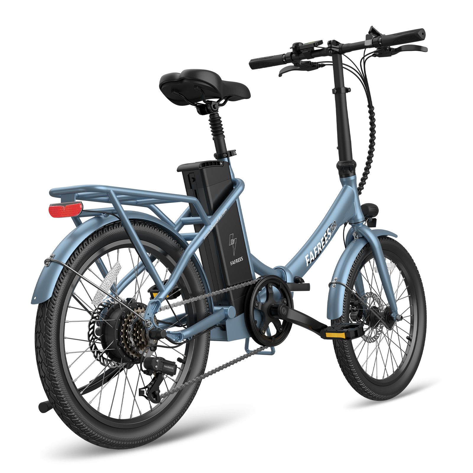 Blaues Fafrees F20 E-Bike. Klapprahmen, Gepäckträger, Scheibenbremsen. Akku am Rahmen. Schwarze Reifen und Sattel.