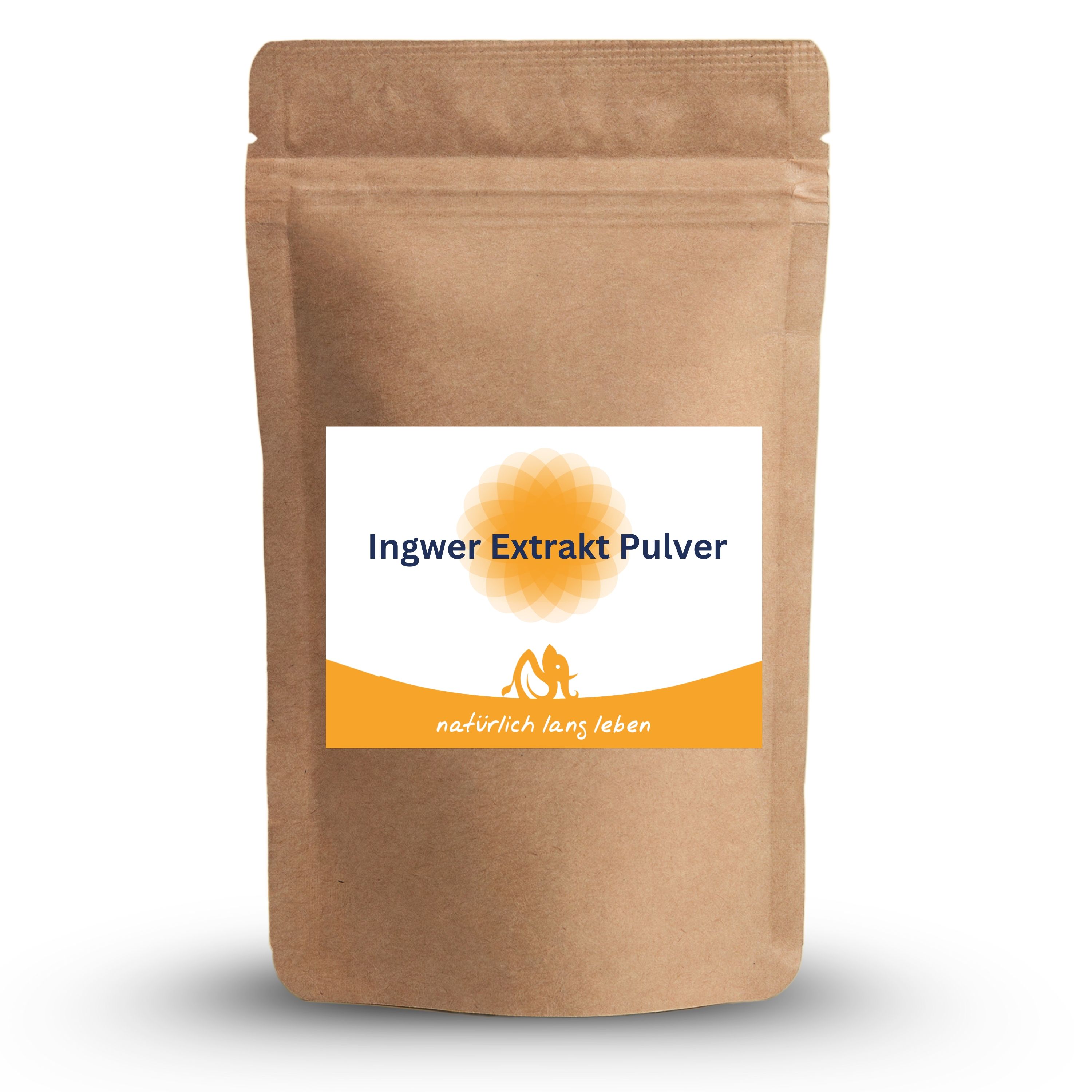 Beutel mit Ingwer Extrakt Pulver. Aufkleber mit Produktname, Logo und Schriftzug 'natürlich lang leben'.