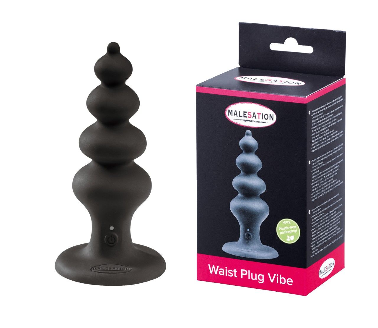 Schwarzer Waist Plug Vibe neben Verpackung. Verpackung mit Produktabbildung und Schriftzug MALESATION Waist Plug Vibe.