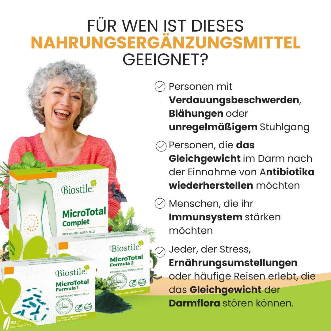 Frau mit drei Schachteln Biostile MicroTotal Komplett. Text: Für wen ist dieses Nahrungsergänzungsmittel geeignet? Personen mit Verdauungsbeschwerden.