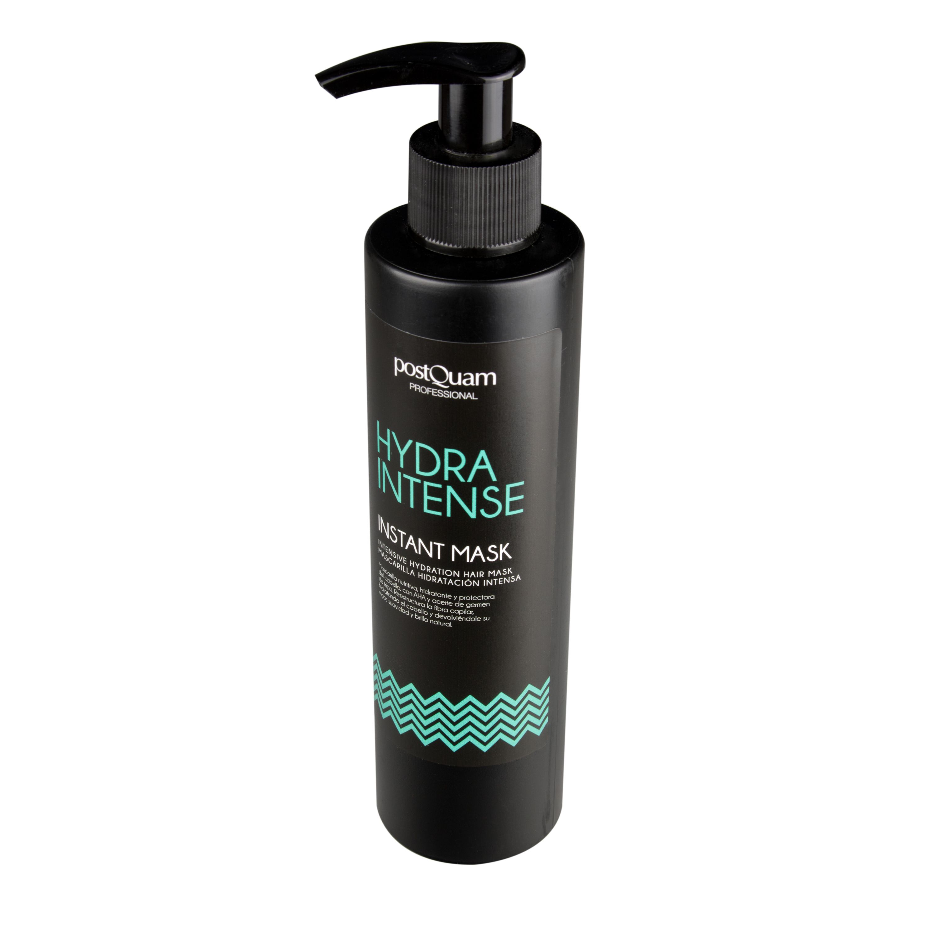 Schwarze Flasche mit Pumpe. Aufschrift: Hydra Intense Instant Mask. Grüne Wellenmuster.