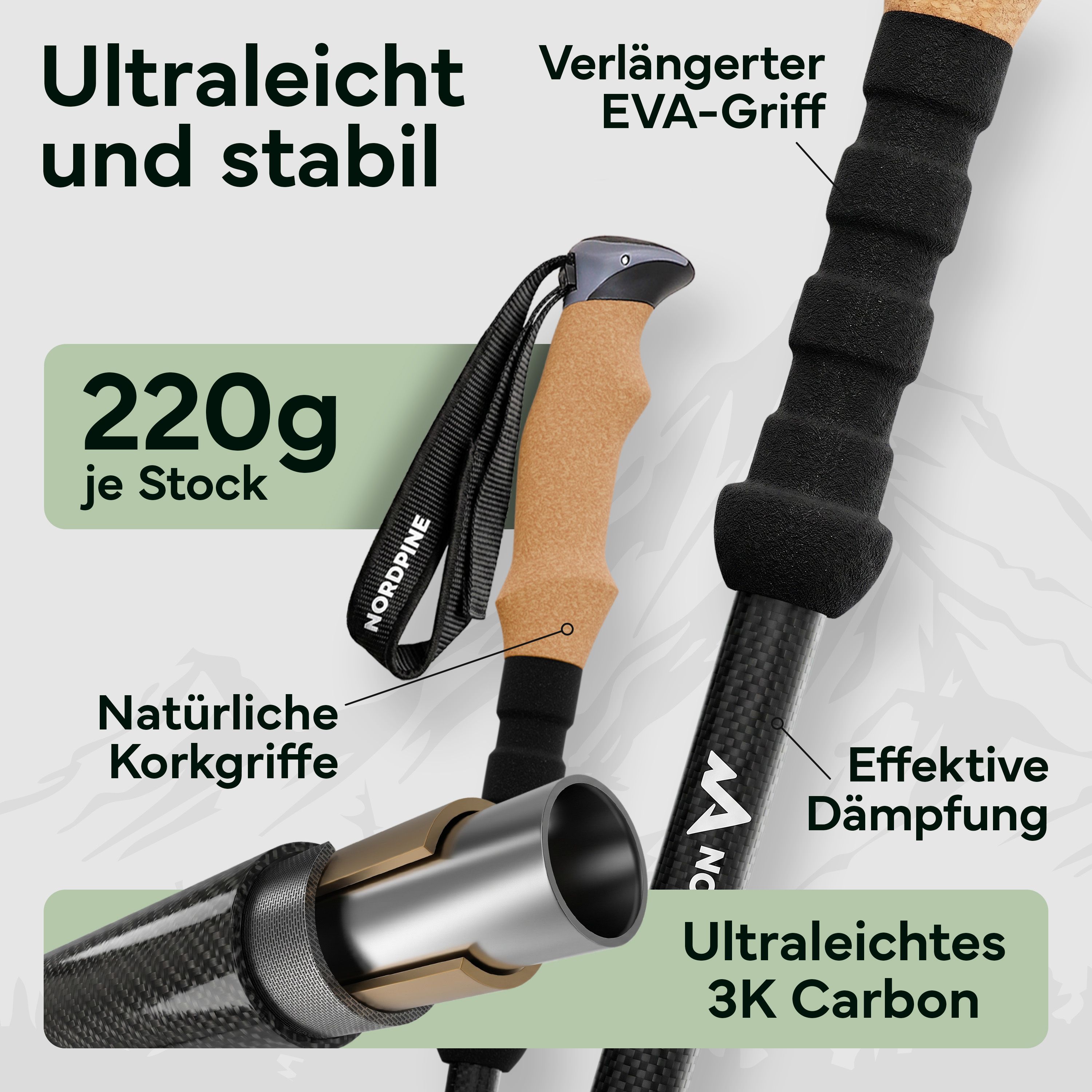 Leichte Teleskop-Wanderstöcke aus 3K Carbon mit Korkgriffen und EVA-Griffen, 220g pro Stock.