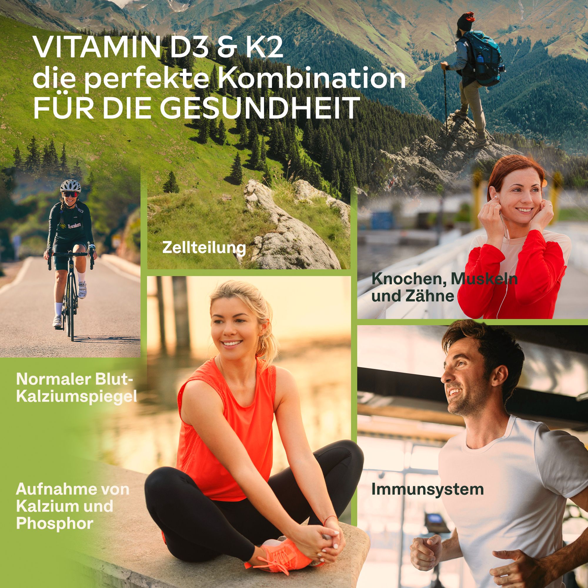 Klarflasche mit Kapseln. Aufschrift: AAVALABS, Vitamin D3 + K2. 2000 IE D3, 100 µg K2. Kapseln.